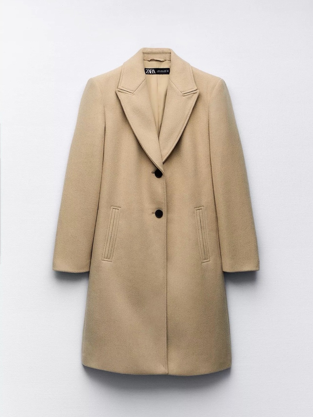 Zara Beige Tailored Single-Breasted Wool Pea Coat
